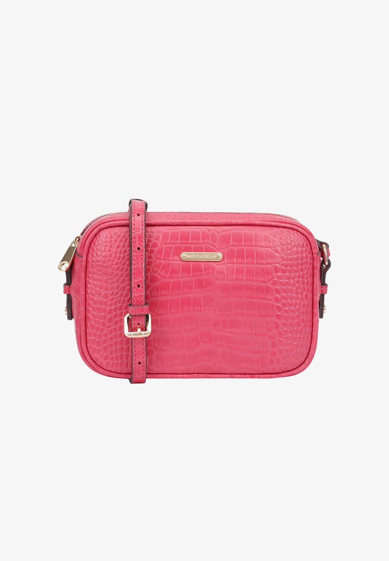 Roze textuur crossbody tas met verstelbare schouderband, gouden rits en rechthoekig metalen logo plaatje op de voorkant.