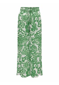 Groene broek met wijde pijpen en bloemenpatroon, voorzien van een trekkoord in de taille en gemaakt van een lichtgewicht stof met een zachte textuur.