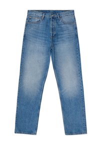 Jeans in denim blu chiaro con taglio dritto. Presentano cinque tasche, un bottone e zip. Leggero sbiadimento e dettagli cuciti in tutto il capo.