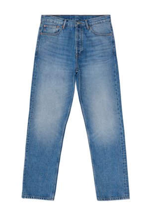 Lichtblauwe denim jeans met een rechte snit. Beschikt over vijf zakken, een knoop- en ritssluiting. Licht vervaging en gestikte details overal.