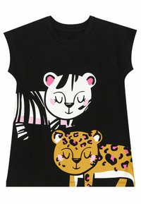 Schwarzes T-Shirt mit einem grafischen Design eines weißen Tigers und eines gelben Leoparden mit rosa Akzenten und Streifen. Weicher, dehnbarer Stoff.