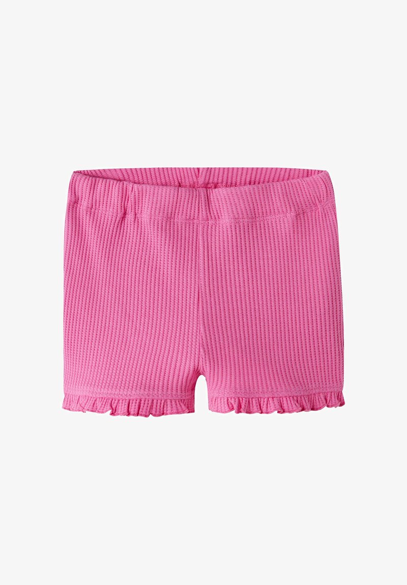 Shorts pour tout-petit en tricot côtelé rose avec une taille élastique et un petit volant aux ouvertures des jambes.