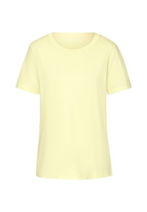 Hellgelbes kurzärmliges T-Shirt mit Rundhalsausschnitt und einfachem, glattem Stoffdesign auf weißem Hintergrund.