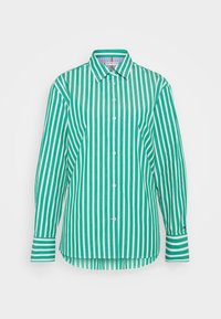 Camicia a maniche lunghe a righe verticali verdi e bianche con chiusura a bottoni, colletto classico e polsini a righe in contrasto.