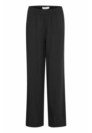 Zwarte, losvallende broek met een elastische taille, gemaakt van een lichtgewicht stof. Rechtaansluitend ontwerp zonder zichtbare patronen of accenten.