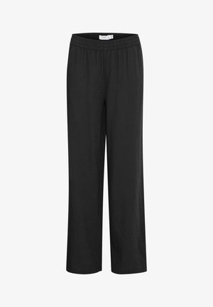 Mustat löysät housut, joissa on joustava vyötärö, valmistettu kevyestä kankaasta. Suora lahje, ilman näkyviä kuvioita tai korostuksia.