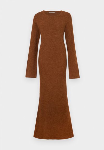 Brown knitted dress with a round neckline, long flared sleeves, and a fitted silhouette that tapers to a flared hem at the bottom.