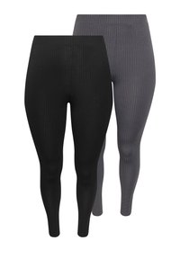 Deux paires de leggings côtelés : l'une en noir et l'autre en gris foncé. Les deux ont une taille haute et un design ajusté. Texture lisse, sans détails supplémentaires.