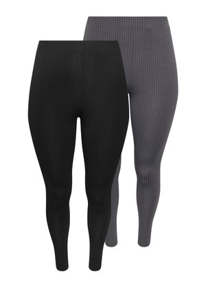 Due paia di leggings a coste: uno in nero e uno in grigio scuro. Entrambi hanno una vita alta e un design aderente. Texture liscia, senza dettagli aggiuntivi.
