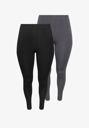 Dwie pary leginsów prążkowanych: jedna w kolorze czarnym, a druga w ciemnoszarym. Obie mają wysoki stan i dopasowany krój. Gładka faktura, bez dodatkowych szczegółów.