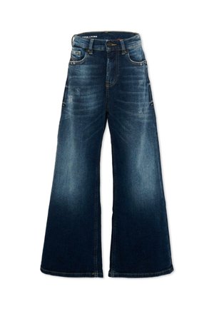 Jeans denim blu scuro a gamba larga con tasche frontali, passanti per cintura, chiusura con bottoni e texture sbiadita su cosce e ginocchia.