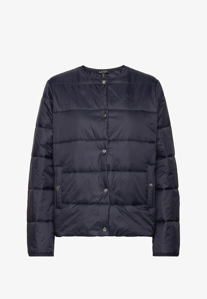 Tmavě modrá prošívaná lehká bunda s kulatým výstřihem, předními druky, dvěma kapsami a logem RL na hrudi.