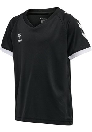 Czarny sportowy jersey z krótkim rękawem z białym obszyciem na rękawach, białymi pasami w kształcie jodełki na ramionach i białym logo pszczoły Hummel na piersi.