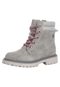 Gray suede ankle boot with contrasting light gray sole, pink laces, and metal eyelets; features a padded collar and textured surface.