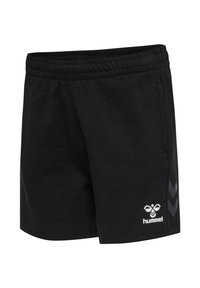 Zwarte sportshorts met elastische tailleband, klein wit hummel-logo op het linkerbeen en donkere chevronstrepen aan de rechterkant.