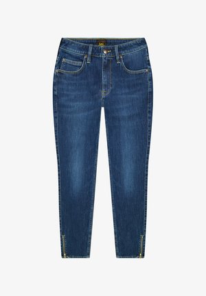 Mørkeblå denim jeans med slim fit, fem-lomme design og lynlåse ved anklerne. Har subtil falming og kontrasterende syninger.