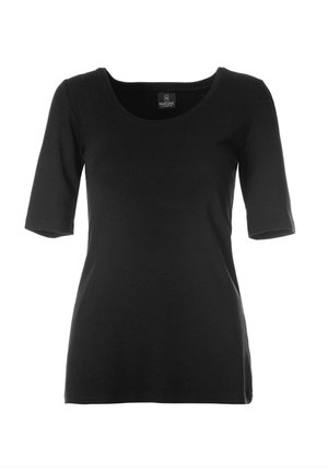 Zwarte, kortgebouwde T-shirt met ronde hals. Gemaakt van zachte, rekbare stof met een gladde textuur. Geen zichtbare patronen of accenten.