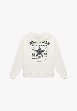 Crèmekleurige sweatshirt met capuchon. Voorzien van een zwarte sterafbeelding en tekst met "Nashville Music City." Zachte textuur, geribde manchetten.