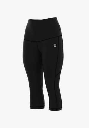 Black athletic capri leggings featuring a high waistband, flatlock seams for comfort, and a small logo on the thigh. Stretchy, form-fitting fabric.