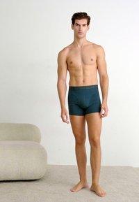 Σκούρο πράσινες μποξερές με μαύρη ζώνη, που φέρουν το κείμενο "BJORN BORG." Το ύφασμα φαίνεται λείο και εφαρμοστό, φορεμένο από ένα άτομο που στέκεται.