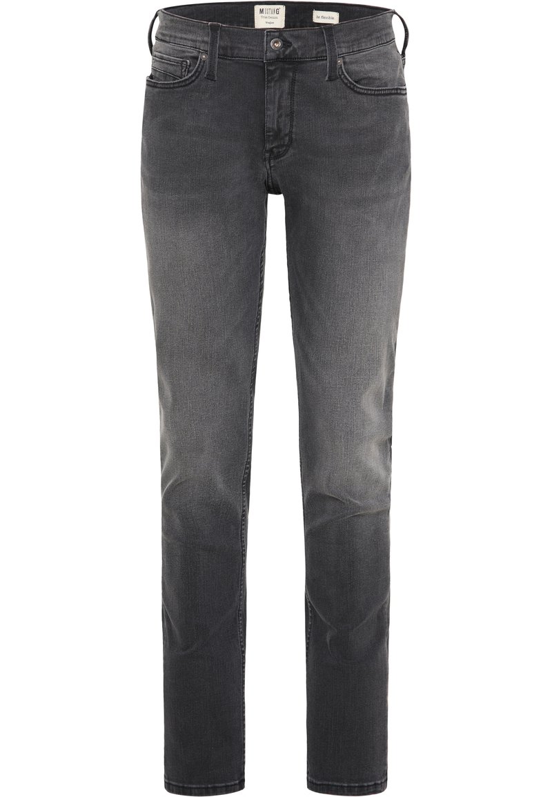 Tmavě šedé džíny z denimu, s rovnými nohavicemi, pěti kapsami a jemným vyblednutím. Obsahují zapínání na zip a poutka na opasek.