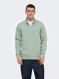 Mann trägt ein hellgrünes Sweatshirt mit Viertel-Reißverschluss über einem weißen T-Shirt und dunkelblauen Jeans, schaut nach vorne mit neutralem Gesichtsausdruck.
