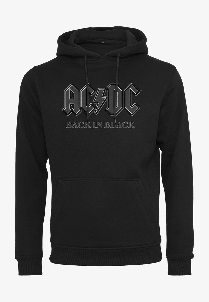 Sweat à capuche noir avec poche avant et cordons, avec logo AC/DC gris et texte "Back in Black" sur la poitrine.