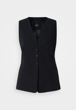 Vesta neagră fără mâneci, cu decolteu în V, având patru nasturi pe partea din față, buzunare laterale și un material neted, texturat. Interior căptușit.