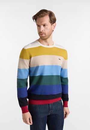 Uomo che indossa un maglione a righe multicolori con bande gialle, beige, blu, verdi, blu navy e rosse, abbinato a jeans blu scuro, in piedi davanti a uno sfondo bianco.