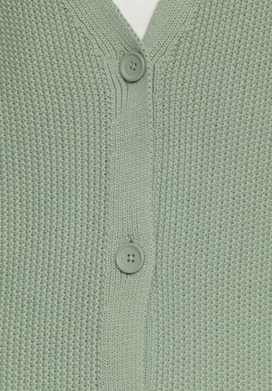 Mintgrüner Strickcardigan mit V-Ausschnitt, ausgestattet mit zwei runden Knöpfen und einem strukturierten Muster. Der Stoff wirkt weich und gemütlich.