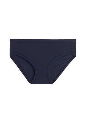 Bañador inferior azul marino hecho de un tejido suave, que presenta un diseño simple con una cintura elástica y bordes cosidos para definición.
