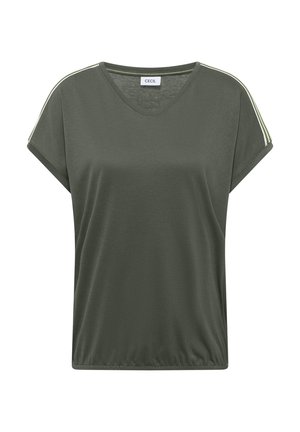 Dámský krátký rukáv v olivově zelené barvě s výstřihem do V a elastickým lemem, s bílými a světle zelenými pruhy na ramenních švech.