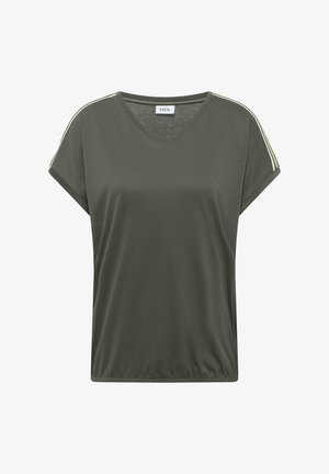 Damski krótki top w kolorze oliwkowej zieleni z dekoltem w serek i elastycznym ściągaczem, z białymi i jasnozielonymi paskami na szwach ramion.