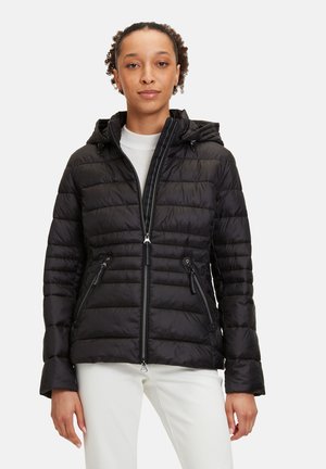 Black padded jacket with a hood, zippered front, and two zippered pockets. Features a quilted design and smooth texture.
