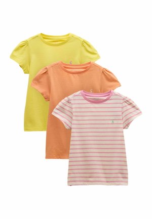 Three girls' short-sleeve t-shirts in yellow, orange, and pink-striped white, with puffed shoulder details and small embroidered logos.