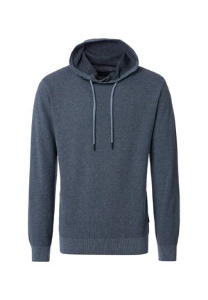 Dunkelblaue Kapuzenjacke aus texturiertem Strickstoff, mit verstellbarem Kordelzug und gerippten Bündchen und Saum. Seitenschlitze für mehr Bewegungsfreiheit.