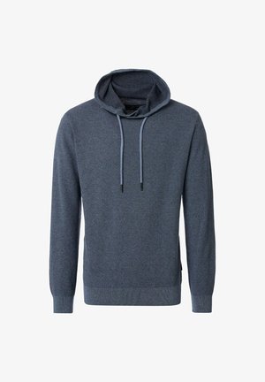 Dunkelblaue Kapuzenjacke aus texturiertem Strickstoff, mit verstellbarem Kordelzug und gerippten Bündchen und Saum. Seitenschlitze für mehr Bewegungsfreiheit.