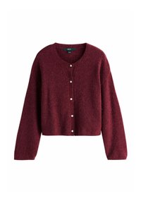 Burgundy cardigan lavet af blød, tekstureret stof. Har en rund udskæring og seks perleknaplukninger foran. Kort design.