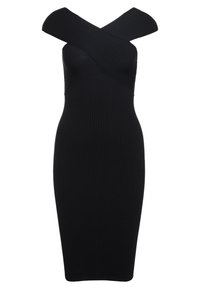 Czarna, prążkowana sukienka midi o dopasowanej sylwetce. Posiada krzyżowy dekolt i szersze ramiączka, wykonana z elastycznego materiału.