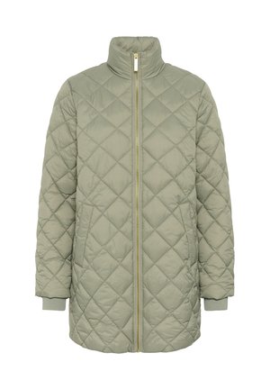 Lichtgroene gesteppelde jas met hoge kraag, volledige gouden rits aan de voorkant, ribbelmanchetten en een ruitvormig stiksels patroon.