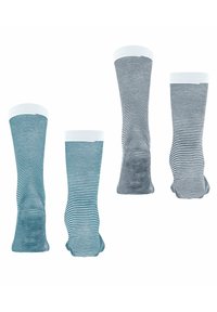 Gestreifte Socken in Türkis- und Grautönen mit weißen Rippbündchen. Jedes Paar hat ein einheitliches horizontales Streifenmuster. Weiche Stoffqualität.