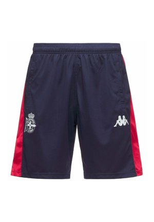 Pantaloncini sportivi blu navy con pannelli laterali rossi, elastico in vita, logo Kappa bianco sulla gamba destra e emblema del club sulla gamba sinistra.