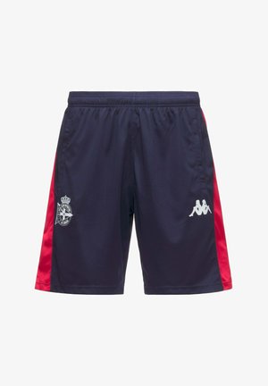 Pantaloncini sportivi blu navy con pannelli laterali rossi, elastico in vita, logo Kappa bianco sulla gamba destra e emblema del club sulla gamba sinistra.