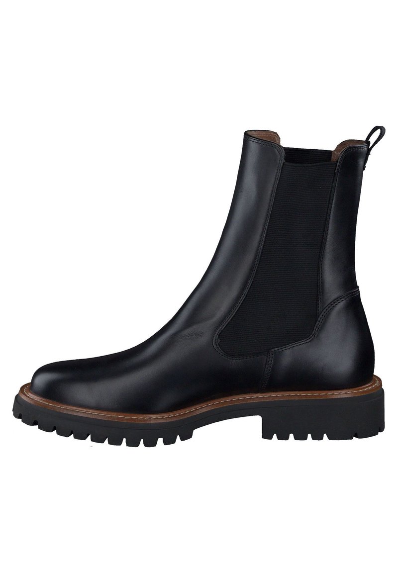 Stivaletto in pelle nera con pannelli elastici laterali, punta arrotondata e suola in gomma con battistrada. Presenta cuciture marroni a contrasto.