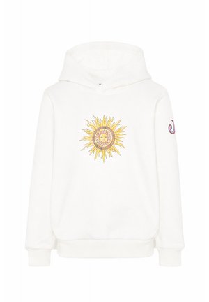 Felpa con cappuccio bianca con grafica di un volto solare giallo al centro del petto e un piccolo disegno colorato sulla parte superiore della manica sinistra.