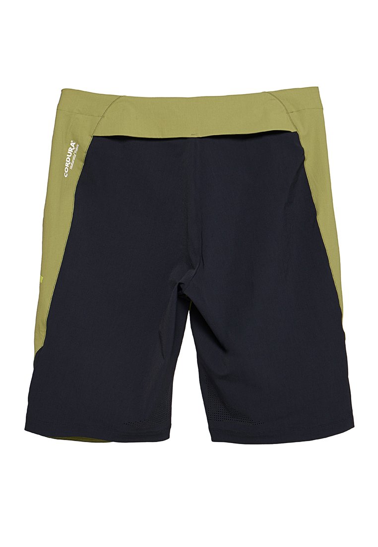 Herrenwandershorts in zwei Farben, schwarz und oliv, mit Cordura-Stofflogo auf der linken Seite.