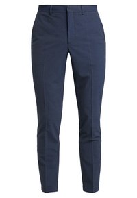 Donkerblauwe op maat gemaakte broeken met een subtiel ruitpatroon, flat front, slim fit, riemlussen en scherpe plooien langs de benen.