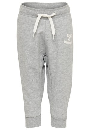 Graue Sweatpants mit elastischem Bund und Kordelzug, mit schmal zulaufenden Knöcheln und einem Hummel-Logo auf dem linken Bein. Weicher, strukturierter Stoff.