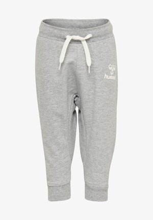 Graue Sweatpants mit elastischem Bund und Kordelzug, mit schmal zulaufenden Knöcheln und einem Hummel-Logo auf dem linken Bein. Weicher, strukturierter Stoff.