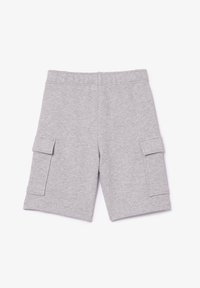 Pantaloni cargo grigi in cotone con una cintura elasticizzata, dotati di due tasche laterali e una texture morbida, progettati per comfort e funzionalità.